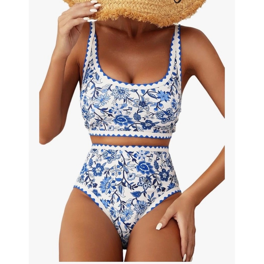 Herseas Blue Floral Ric-Rac Trim High Waisted Bikini Set 2XL
